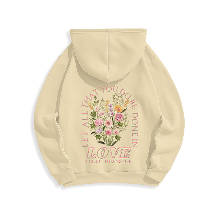 Christianartworkshop „Liebe alles“ – Kapuzenpullover mit Blumenmuster und Fleece-Futter aus Polyester - image 1