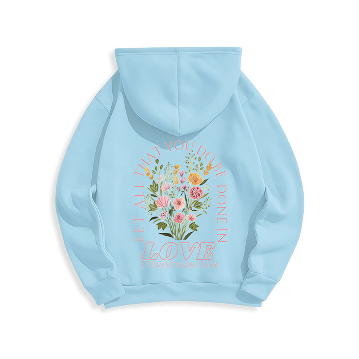 Christianartworkshop „Liebe alles“ – Kapuzenpullover mit Blumenmuster und Fleece-Futter aus Polyester - image 22