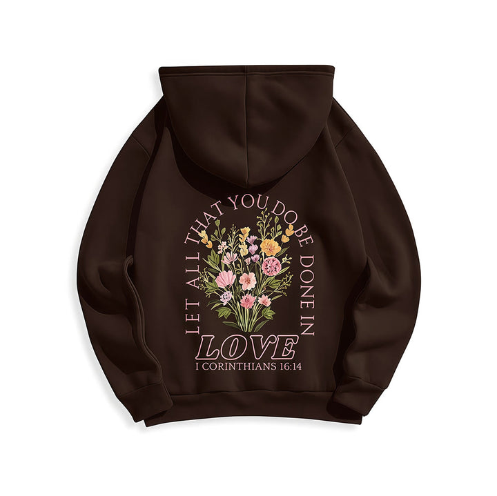 Christianartworkshop „Liebe alles“ – Kapuzenpullover mit Blumenmuster und Fleece-Futter aus Polyester - image 7