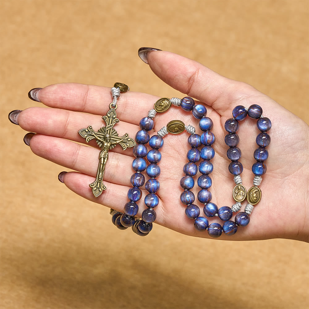 Christianartworkshop Rosenkranz „Tiefblauer Sternenlicht-Glaube“: Heilige Medaillen der Göttlichen Barmherzigkeit und Unserer Lieben Frau - image 1