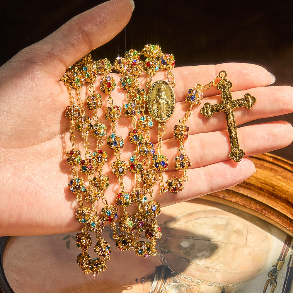 Christianartworkshop Luxuriöser, vergoldeter Rosenkranz mit funkelnden, mehrfarbigen Perlen und Marien-Anhänger - image 1