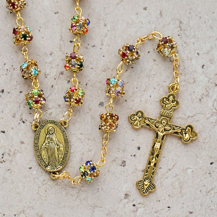 Christianartworkshop Luxuriöser, vergoldeter Rosenkranz mit funkelnden, mehrfarbigen Perlen und Marien-Anhänger - image 5