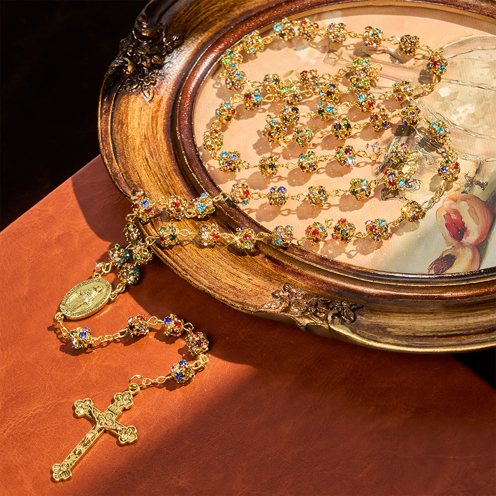 Christianartworkshop Luxuriöser, vergoldeter Rosenkranz mit funkelnden, mehrfarbigen Perlen und Marien-Anhänger - image 2