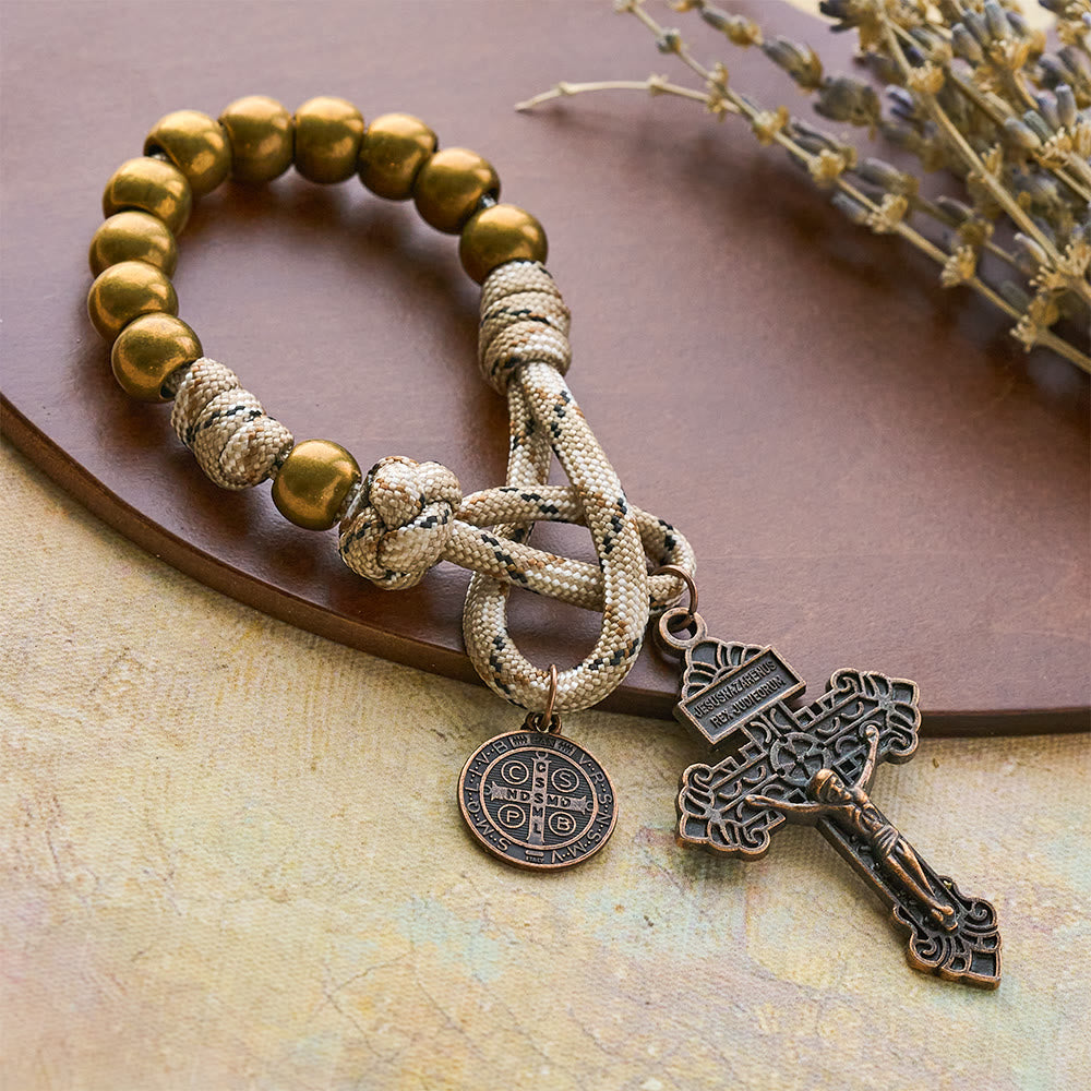Christianartworkshop Rustikaler Rosenkranz aus Bronze mit Kupferfigur des Heiligen Benedikt und Kruzifix - Taschenrosenkranz - image 0