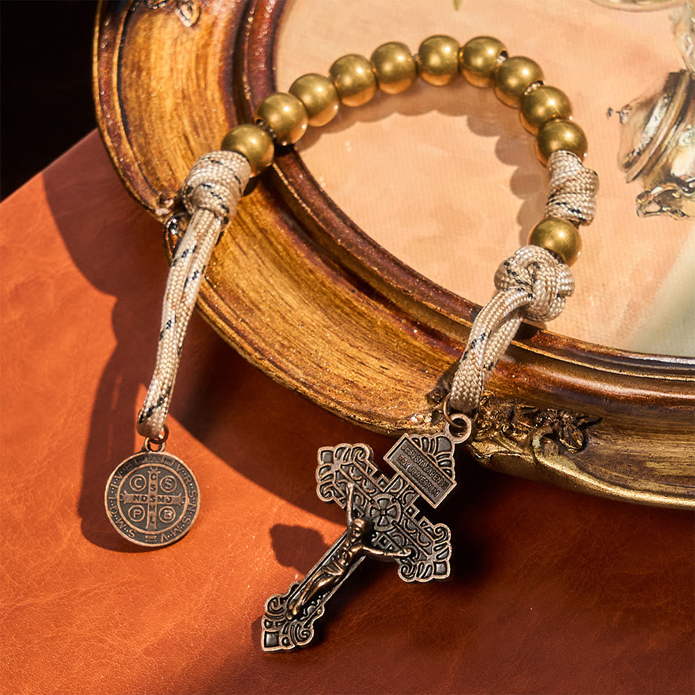 Christianartworkshop Rustikaler Rosenkranz aus Bronze mit Kupferfigur des Heiligen Benedikt und Kruzifix - image 3