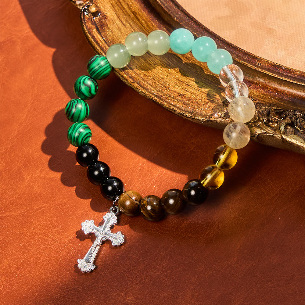 Christianartworkshop Armband aus verschiedenen Natursteinen mit Kreuz: Glaube, der natürlich strahlt - Handgelenkumfang: 16–19 cm (6,30–7,48 Zoll) - image 0