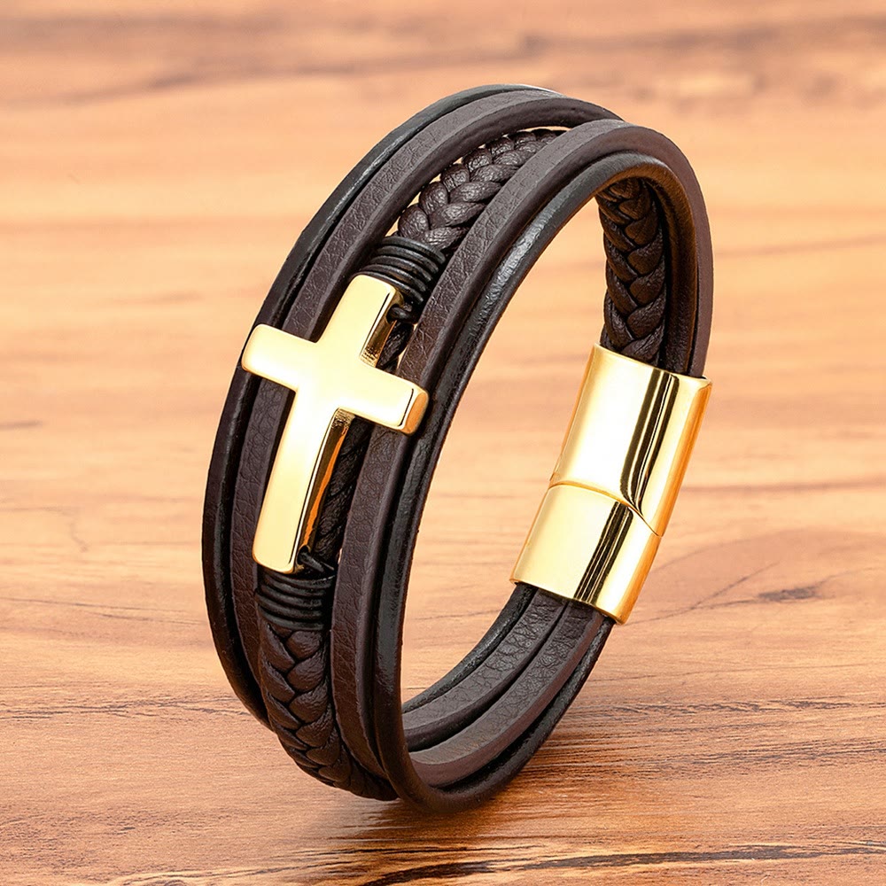 Christianartworkshop Geflochtenes Kreuz-Lederarmband: Beständige Gnade für jedes Handgelenk - Braunes und goldenes Kreuz - 9,1 Zoll / 23 cm - image 7
