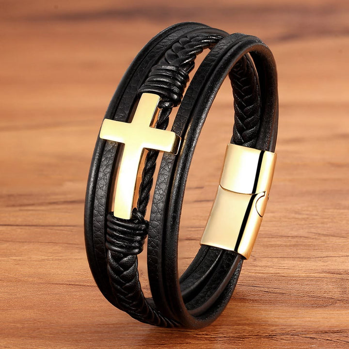 Christianartworkshop Geflochtenes Kreuz-Lederarmband: Beständige Gnade für jedes Handgelenk - Schwarzes und goldenes Kreuz - 9,1 Zoll / 23 cm - image 0