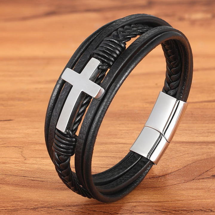Christianartworkshop Geflochtenes Kreuz-Lederarmband: Beständige Gnade für jedes Handgelenk - Schwarzes und silbernes Kreuz - 9,1 Zoll / 23 cm - image 2