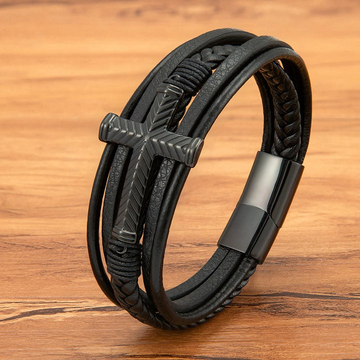 Christianartworkshop Dreiteiliges Kreuz-Lederarmband: Personalisierter Glaube in jedem Strang - Schwarz - 9,1 Zoll / 23 cm - image 0