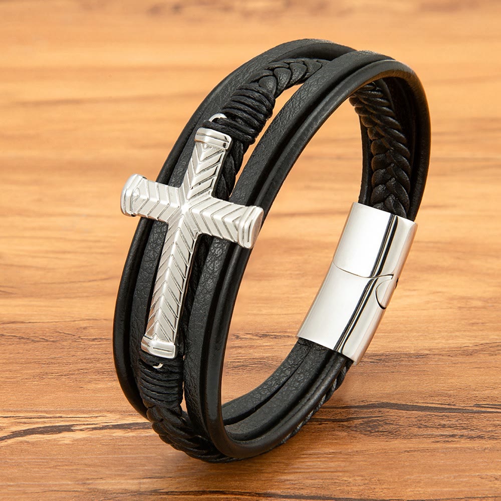 Christianartworkshop Dreiteiliges Kreuz-Lederarmband: Personalisierter Glaube in jedem Strang - Silber - 9,1 Zoll / 23 cm - image 4