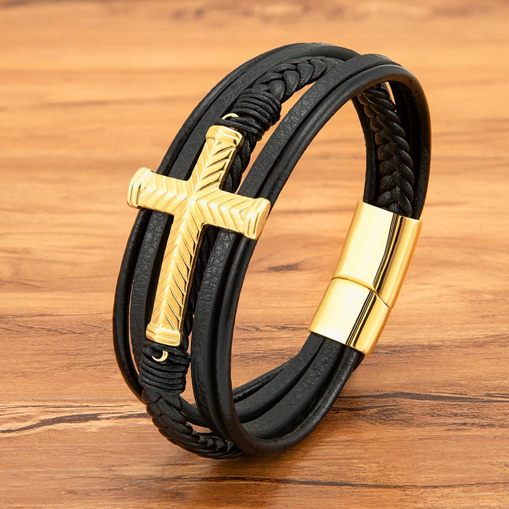 Christianartworkshop Dreiteiliges Kreuz-Lederarmband: Personalisierter Glaube in jedem Strang - Golden - 9,1 Zoll / 23 cm - image 3