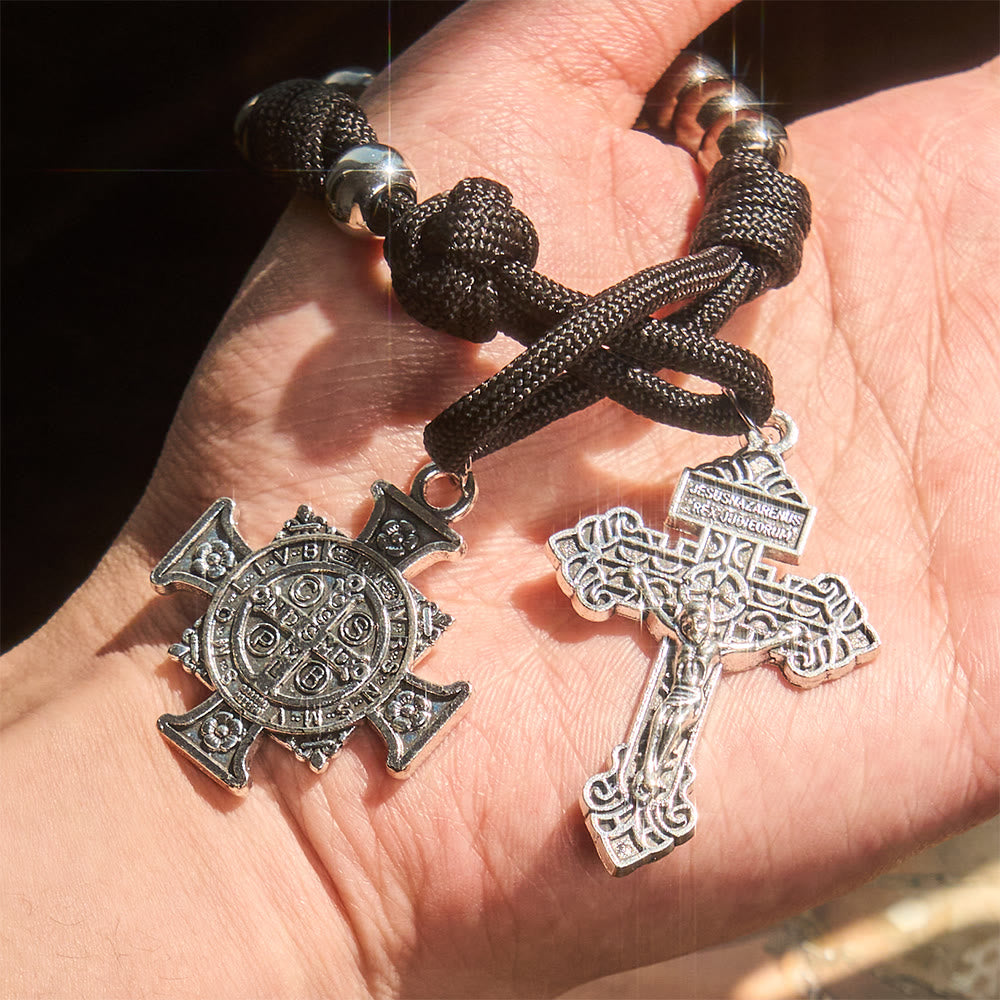 Christianartworkshop Autoanhänger und Rosenkranz in einem – mit Schutzschild des Heiligen Michael und Benedikt sowie Gnade gegen das Böse – zum Tragen in der Hosentasche - image 1