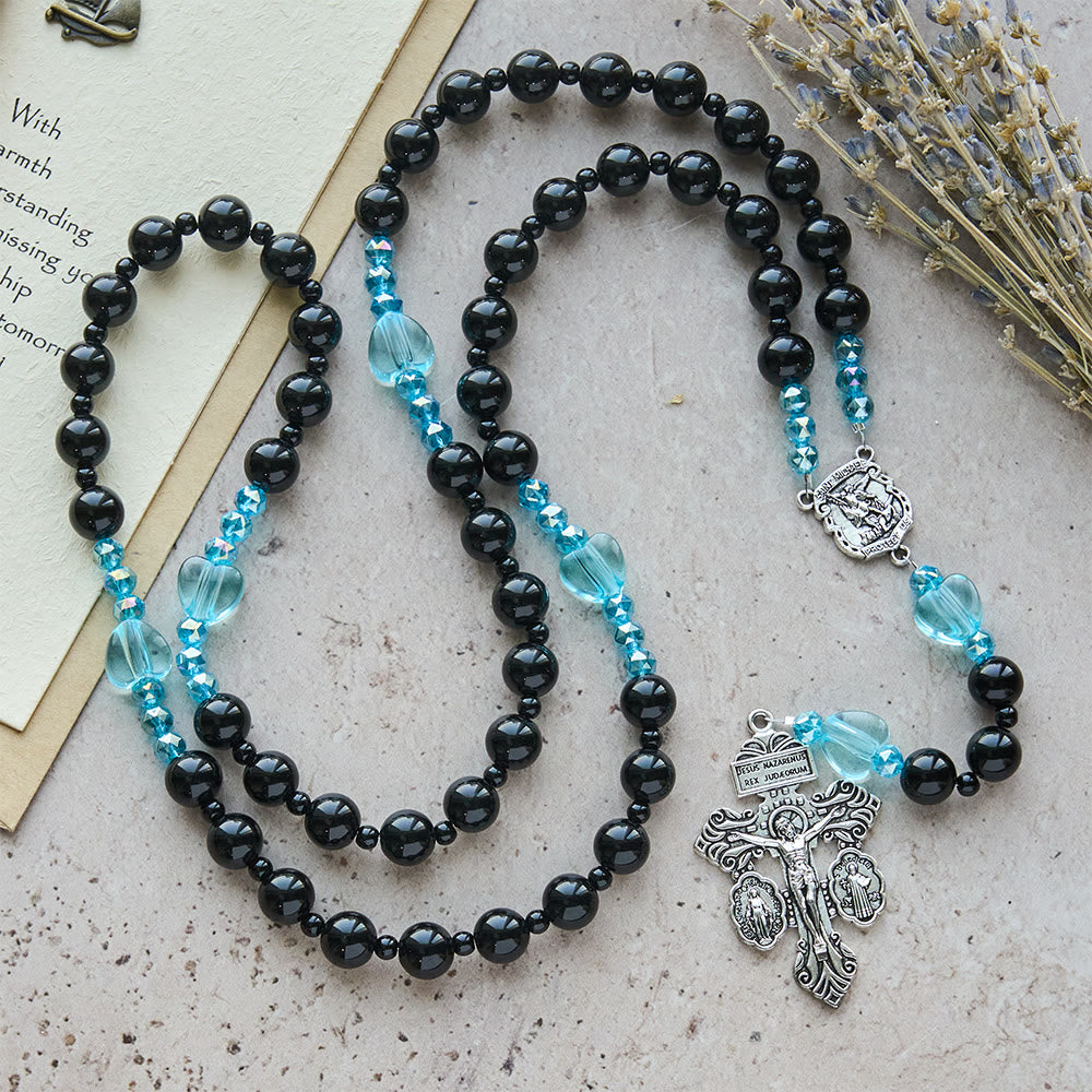 Christianartworkshop Rosenkranz aus schwarzen Perlen und blauem Herz mit dem heiligen Michael: Andachtsvoller Trost in jedem Strang - Rosenkranz des Heiligen Michael - image 0