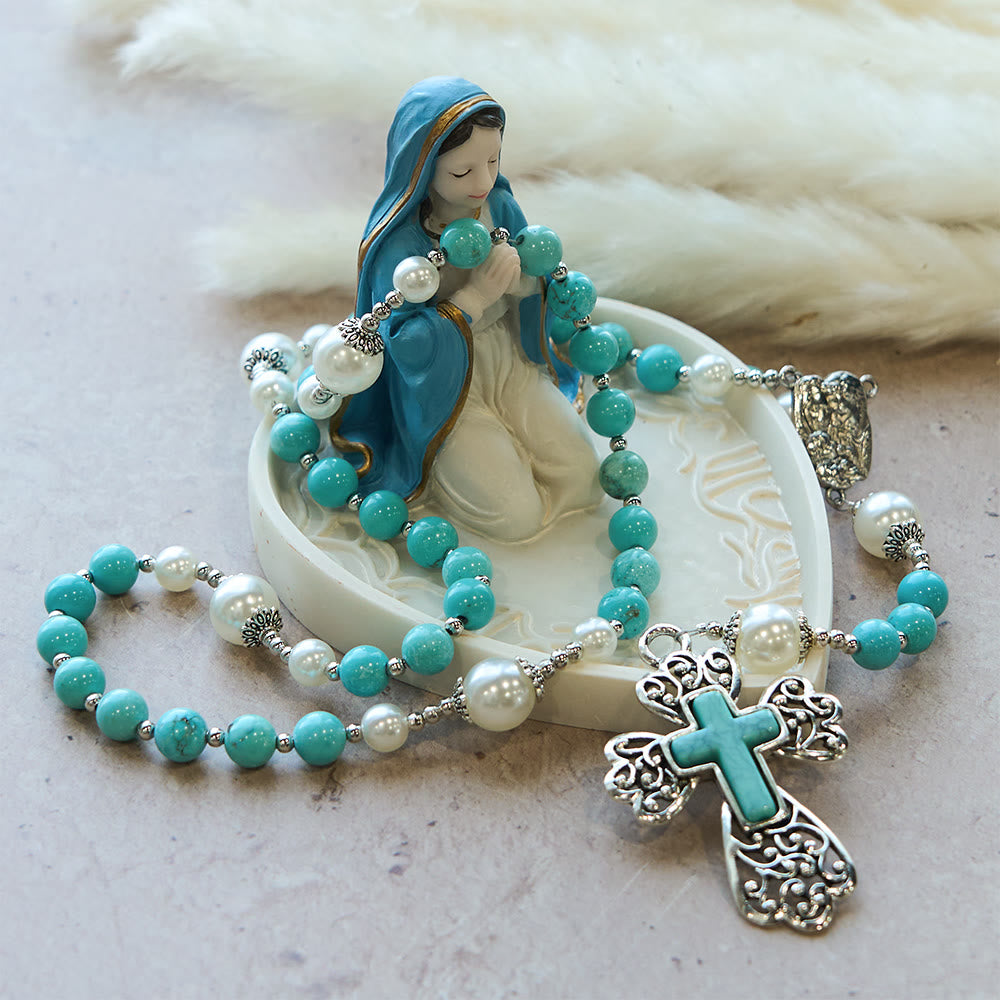 Türkisfarbener Rosenkranz mit Kreuz und Heiligen-Familie-Motiv von Christianartworkshop: Eine beständige Erinnerung an seine Gnade - image 7