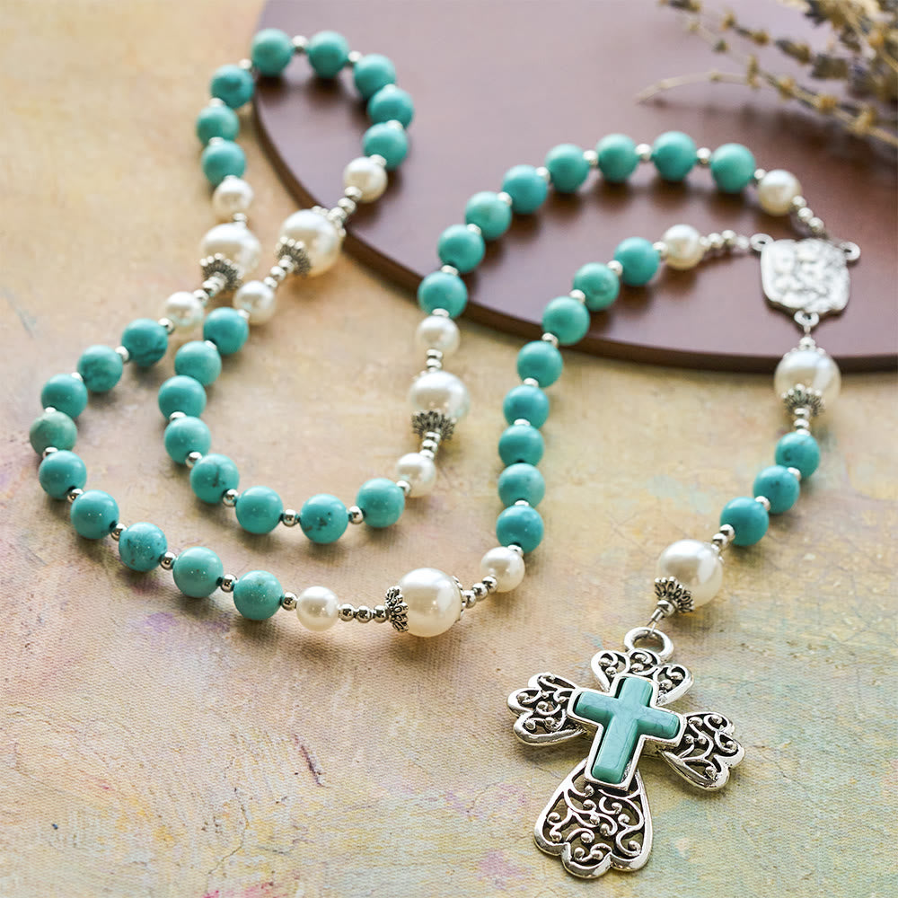 Türkisfarbener Rosenkranz mit Kreuz und Heiligen-Familie-Motiv von Christianartworkshop: Eine beständige Erinnerung an seine Gnade - image 2