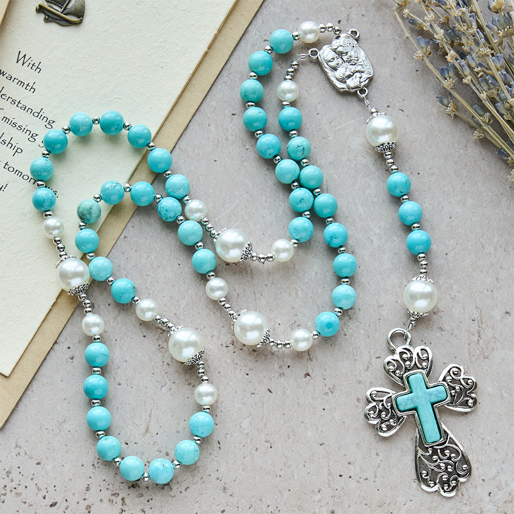 Türkisfarbener Rosenkranz mit Kreuz und Heiligen-Familie-Motiv von Christianartworkshop: Eine beständige Erinnerung an seine Gnade - image 5