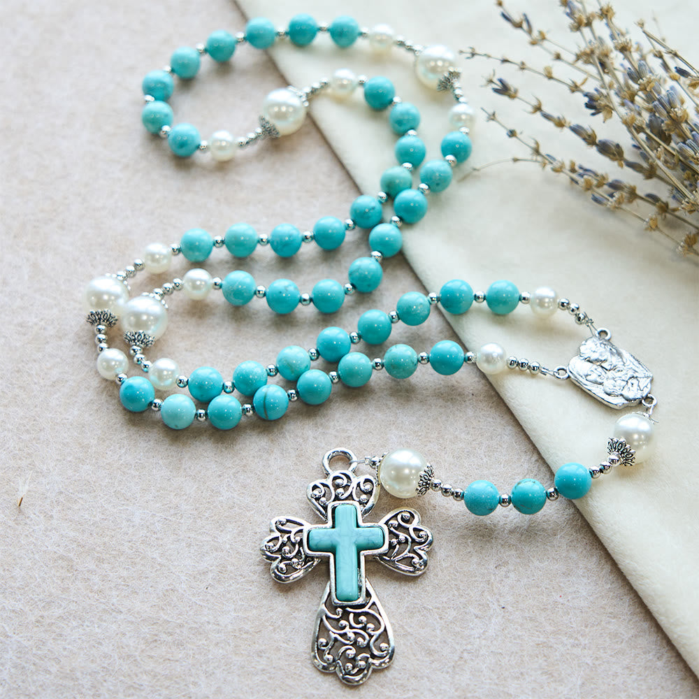 Türkisfarbener Rosenkranz mit Kreuz und Heiligen-Familie-Motiv von Christianartworkshop: Eine beständige Erinnerung an seine Gnade - image 3