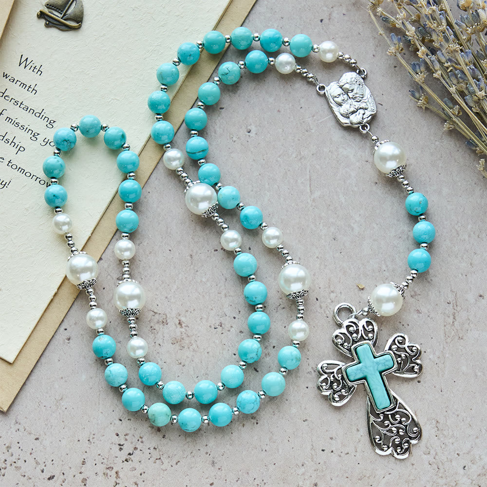 Türkisfarbener Rosenkranz mit Kreuz und Heiligen-Familie-Motiv von Christianartworkshop: Eine beständige Erinnerung an seine Gnade - Rosenkranz aus türkisfarbenen Perlen - image 0