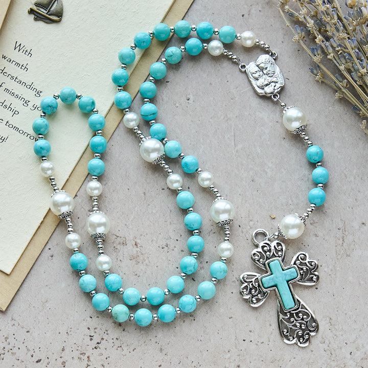Türkisfarbener Rosenkranz mit Kreuz und Heiligen-Familie-Motiv von Christianartworkshop: Eine beständige Erinnerung an seine Gnade - Rosenkranz aus türkisfarbenen Perlen - image 0