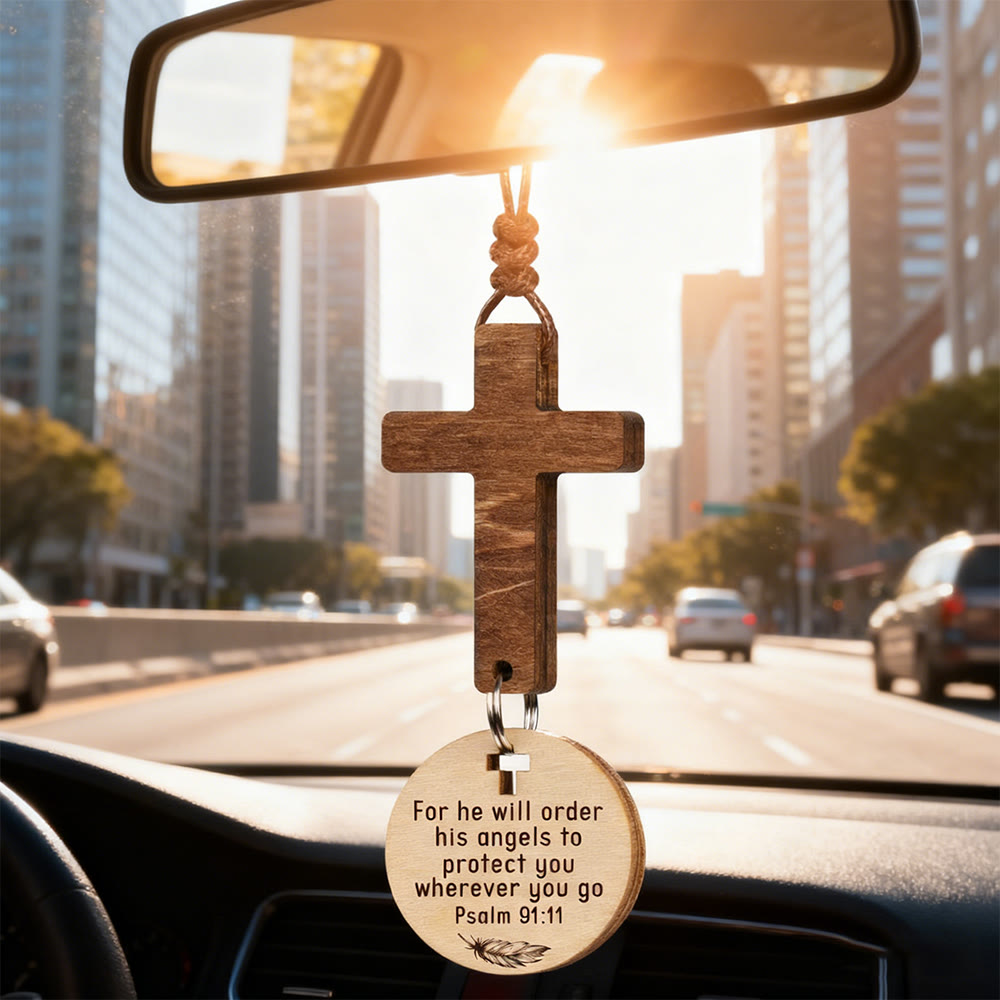 Christianartworkshop 3-teiliger Auto-Anhänger aus Holz mit Geschenkkarte: Andacht im natürlichen Stil - Psalm 91:11 - image 0