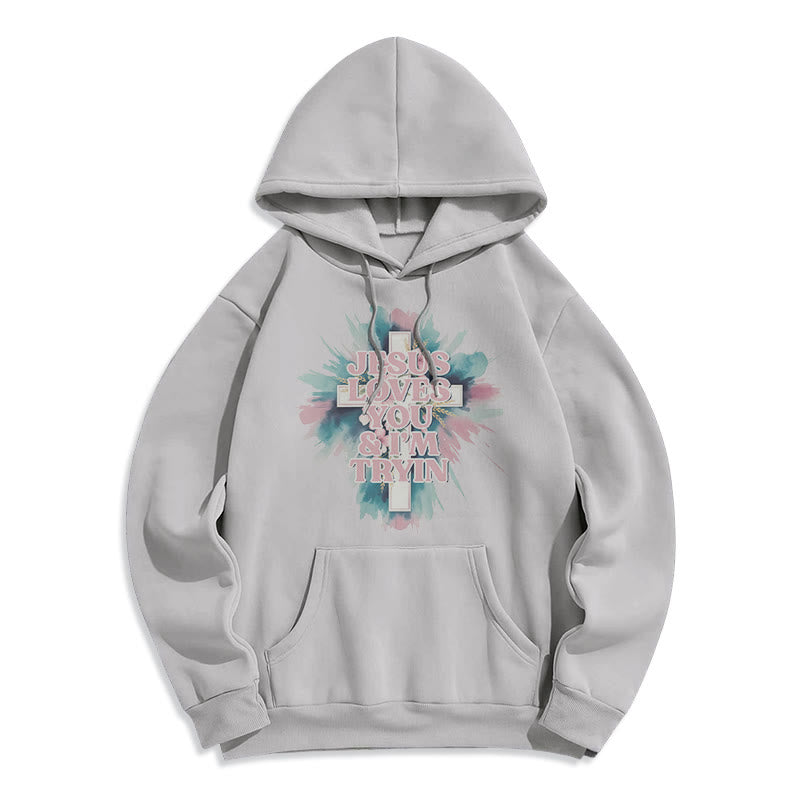 Christianartworkshop Jesus liebt dich, ich versuche es immer noch – Fleecegefütterter Polyester-Hoodie - Grau - 2XL - image 2