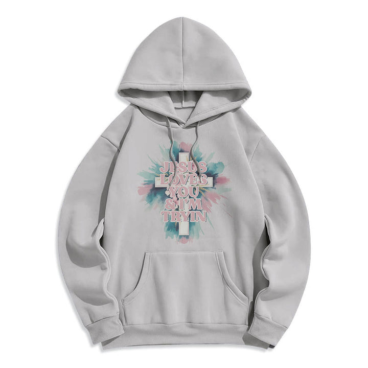 Christianartworkshop Jesus liebt dich, ich versuche es immer noch – Fleecegefütterter Polyester-Hoodie - Grau - 2XL - image 2