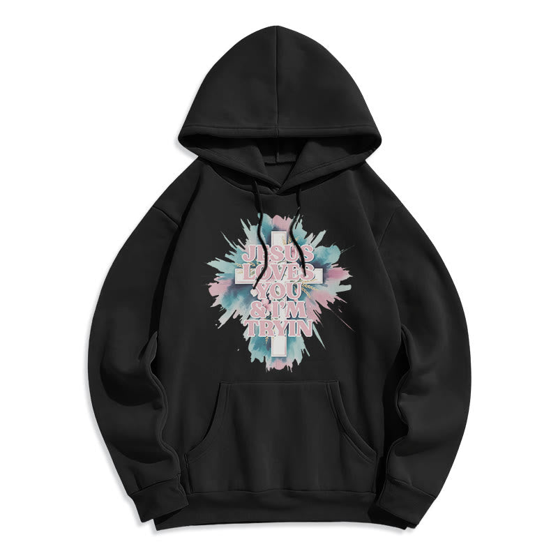 Christianartworkshop Jesus liebt dich, ich versuche es immer noch – Fleecegefütterter Polyester-Hoodie - Schwarz - 2XL - image 8
