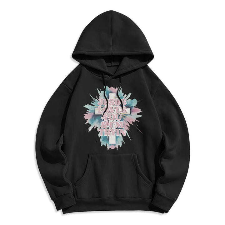 Christianartworkshop Jesus liebt dich, ich versuche es immer noch – Fleecegefütterter Polyester-Hoodie - Schwarz - 2XL - image 8