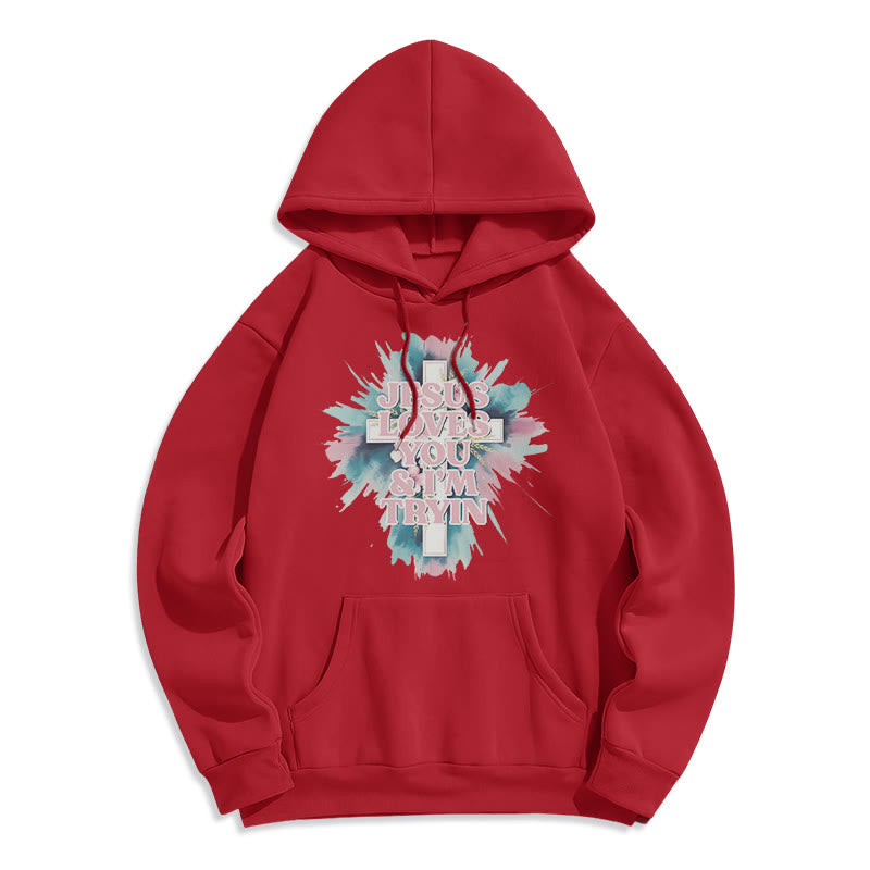 Christianartworkshop Jesus liebt dich, ich versuche es immer noch – Fleecegefütterter Polyester-Hoodie - Rot - 2XL - image 3