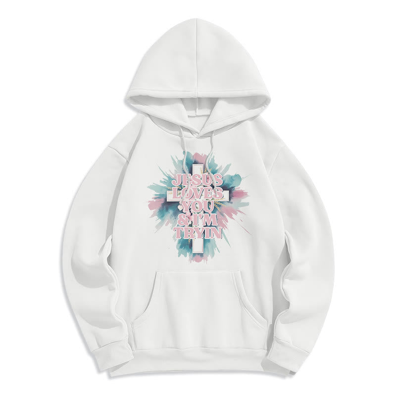 Christianartworkshop Jesus liebt dich, ich versuche es immer noch – Fleecegefütterter Polyester-Hoodie - Weiß - 2XL - image 0