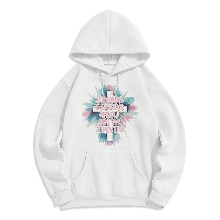 Christianartworkshop Jesus liebt dich, ich versuche es immer noch – Fleecegefütterter Polyester-Hoodie - Weiß - 2XL - image 0