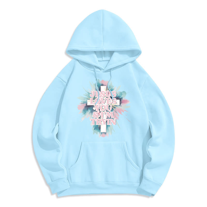 Christianartworkshop Jesus liebt dich, ich versuche es immer noch – Fleecegefütterter Polyester-Hoodie - Blau - 2XL - image 4