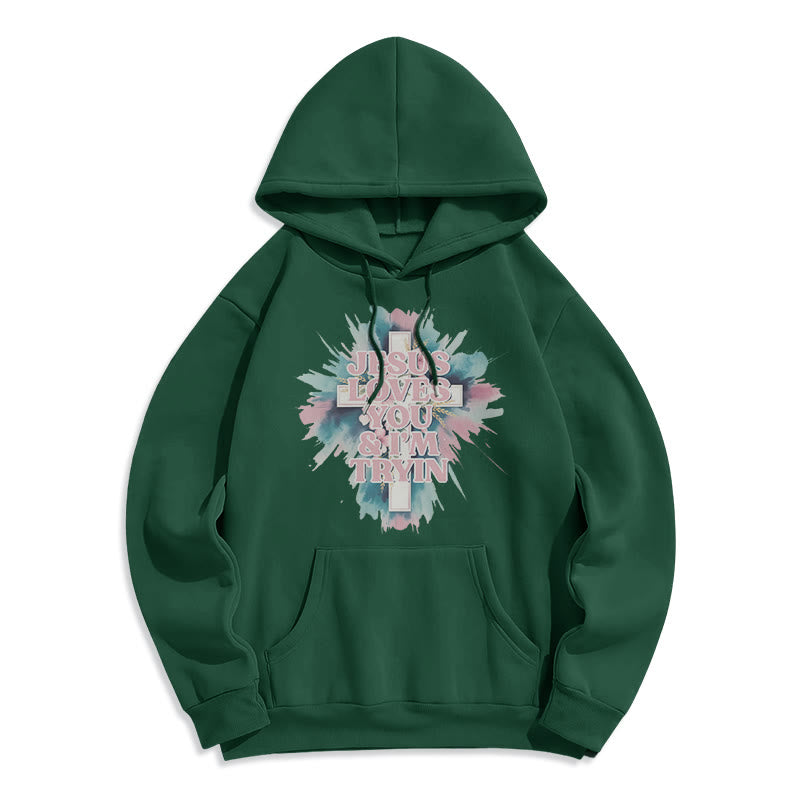 Christianartworkshop Jesus liebt dich, ich versuche es immer noch – Fleecegefütterter Polyester-Hoodie - Grün - 2XL - image 6