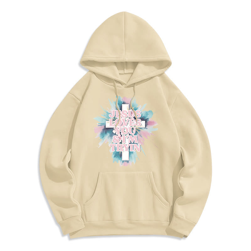 Christianartworkshop Jesus liebt dich, ich versuche es immer noch – Fleecegefütterter Polyester-Hoodie - Beige - 2XL - image 5
