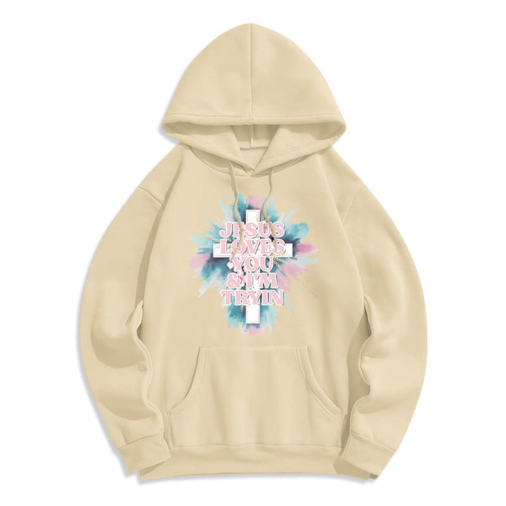 Christianartworkshop Jesus liebt dich, ich versuche es immer noch – Fleecegefütterter Polyester-Hoodie - Beige - 2XL - image 5