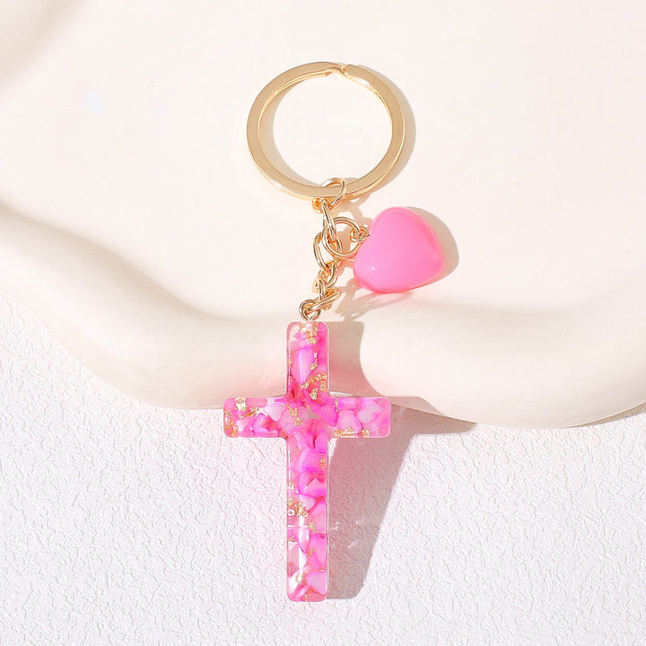 Christianartworkshop Schlüsselanhänger aus Kunstharz mit Kreuz und Herzmotiv: Fröhlichkeit für alle - Rosa - image 2