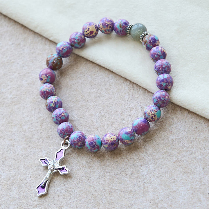 Christianartworkshop Marmoriertes Armband aus violettem Achat: Ausgeprägte Verbundenheit mit erdigen Texturen - Handgelenkumfang: 7,28 Zoll / 18,5 cm - image 0