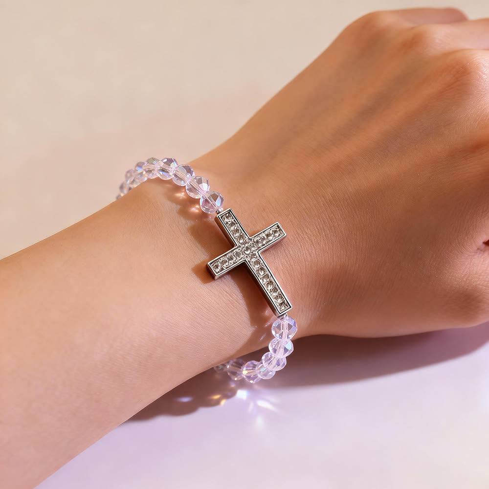 Christianartworkshop Armband mit weißem und pfauenblauem Kreuz: Glaube in Schimmer gehüllt - image 1