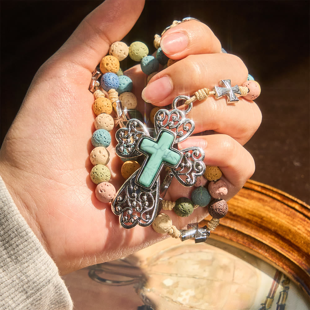 Christianartworkshop Vintage Rosenkranz aus mehrfarbigem Lavastein: Wüstensonnenaufgang mit türkisfarbenem Kreuz und Marienanhänger - image 1