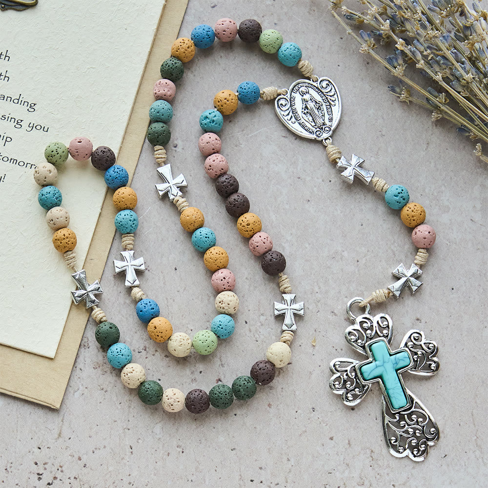 Christianartworkshop Vintage Rosenkranz aus mehrfarbigem Lavastein: Wüstensonnenaufgang mit türkisfarbenem Kreuz und Marienanhänger - Lavastein - image 0