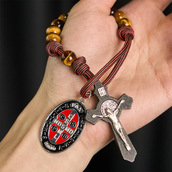 Christianartworkshop Tigeraugen-Taschenrosenkranz mit Mut und Schutz: Medaille und Kreuz des seligen Hl. Benedikt zur Exorzismusverkündung - image 1