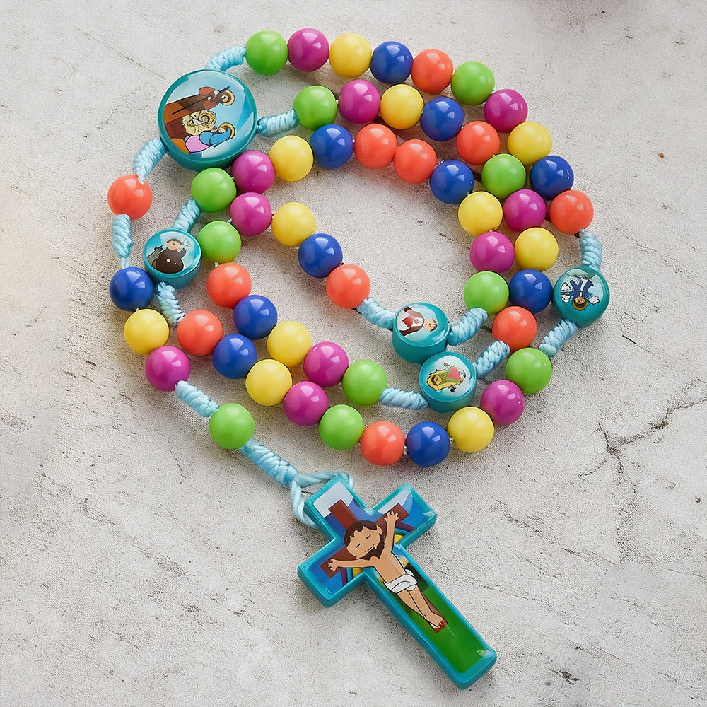 Bunter Kinderrosenkranz mit Anhängern der Heiligen Familie und Heiligen: Kinderfreundliche Gebetsperlen - Blau - image 0