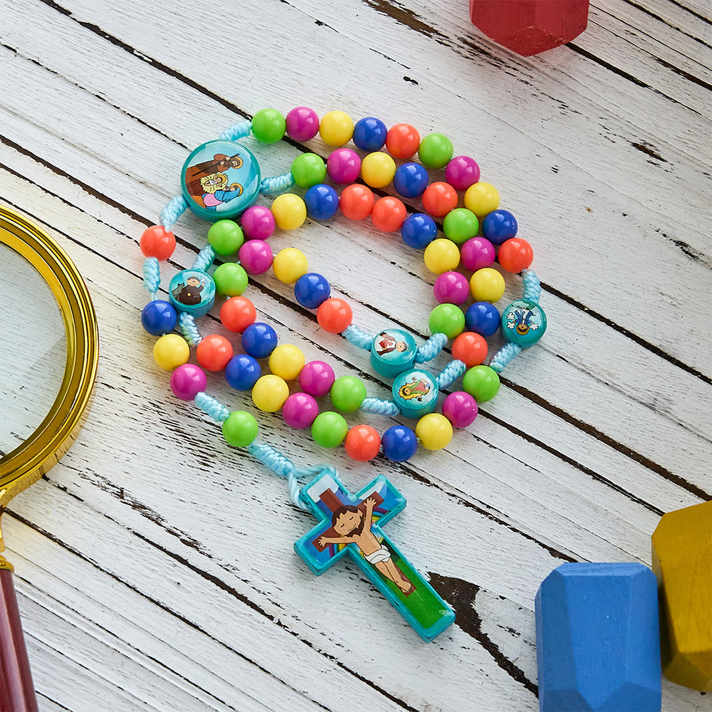 Bunter Kinderrosenkranz mit Anhängern der Heiligen Familie und Heiligen: Kinderfreundliche Gebetsperlen - image 1