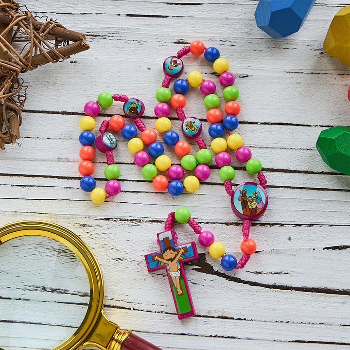 Bunter Kinderrosenkranz mit Anhängern der Heiligen Familie und Heiligen: Kinderfreundliche Gebetsperlen - Rosa - image 6