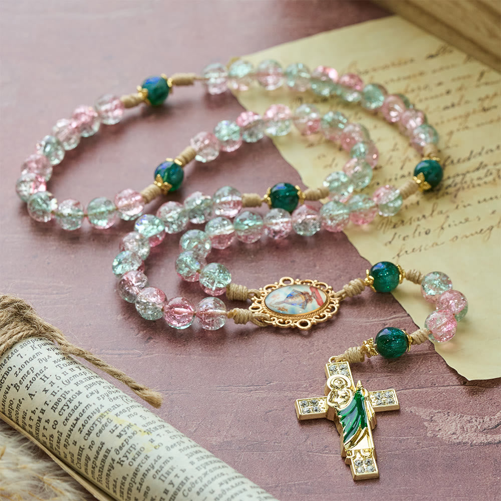 Christianartworkshop Rosenkranz aus Glas mit Farbverlauf und St.-Judas-Kreuz: Zarte Andacht zum Gebet - image 3