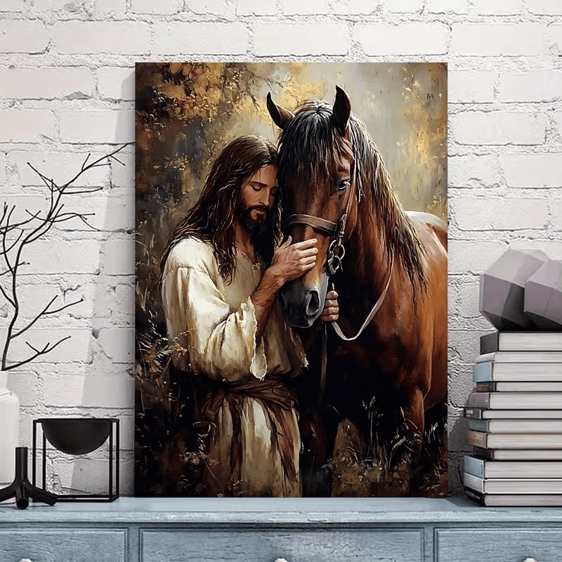 Christianartworkshop Wandbild „Sanfte Figur & Pferd“: Zärtliche Pflege für Wohnräume - Gerahmtes Leinwandgemälde - 11,81''*15,75''0,71"/30*40*1,8cm - image 0
