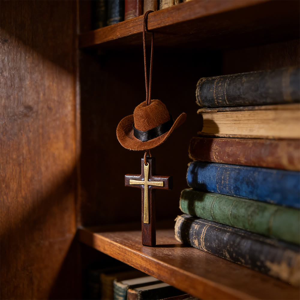 Christianartworkshop Cowboyhut- und Kreuz-Autoanhänger: Unerschütterlicher Glaube für die offene Straße - Kreuz aus Holz und Metall - Braun - Ohne Perle - image 7