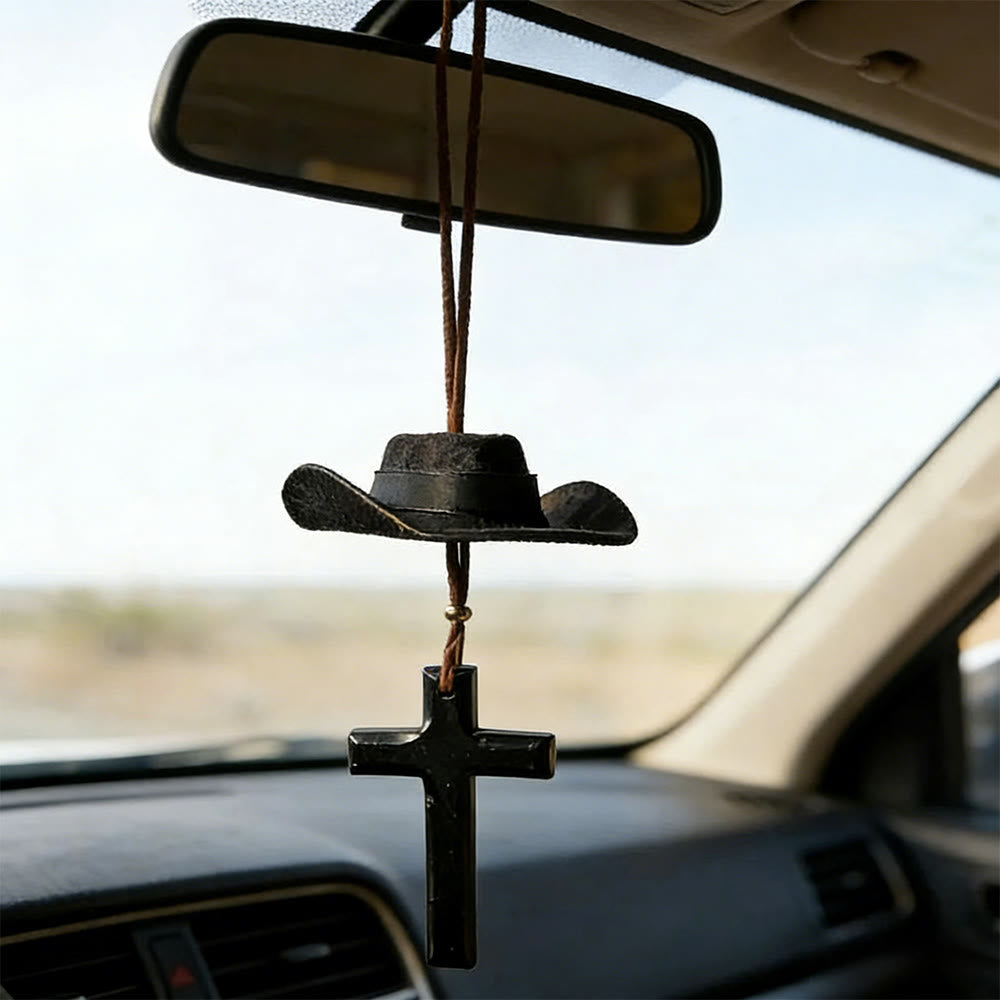 Christianartworkshop Cowboyhut- und Kreuz-Autoanhänger: Unerschütterlicher Glaube für die offene Straße - Holzkreuz - Schwarz - image 8