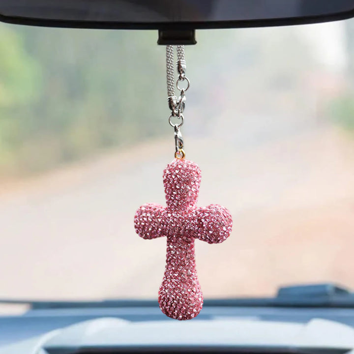 Christianartworkshop Autoanhänger mit kristallverziertem Kreuz: Strahlender Glaube für jede Reise - Rosa - image 4
